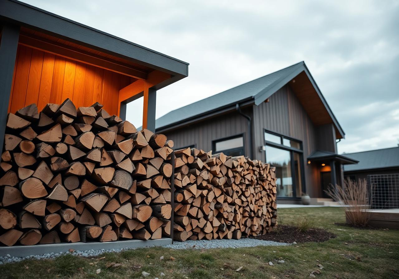 Sauber gestapeltes Brennholz an modernem Haus